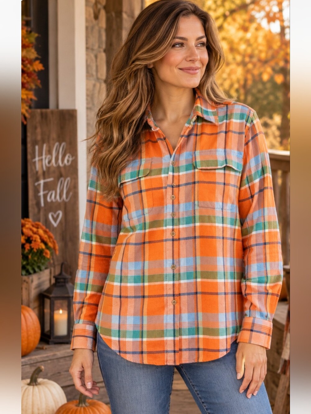 Lauren Ralph Lauren Size 12 Orange Plaid 100% Cotton Button Down Shirt